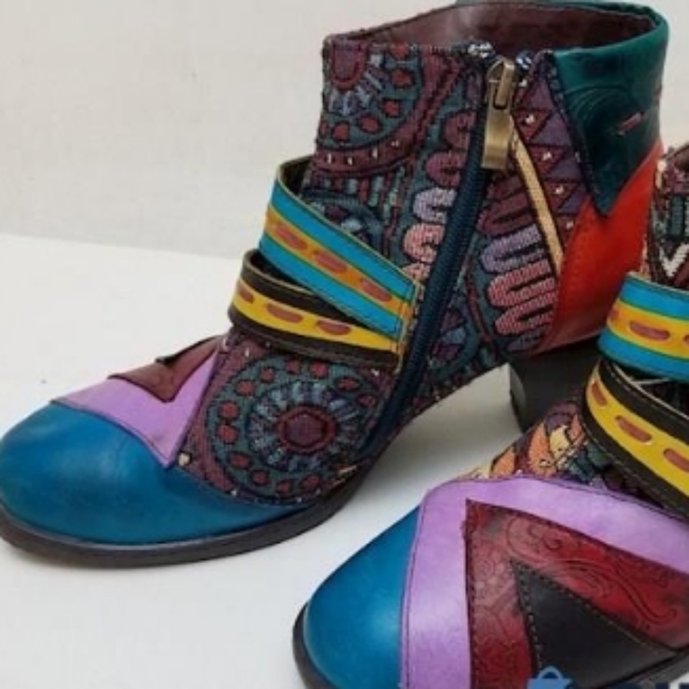 Socofy Buckle leather ankle boot with leather and patchwork tapestry eur 39